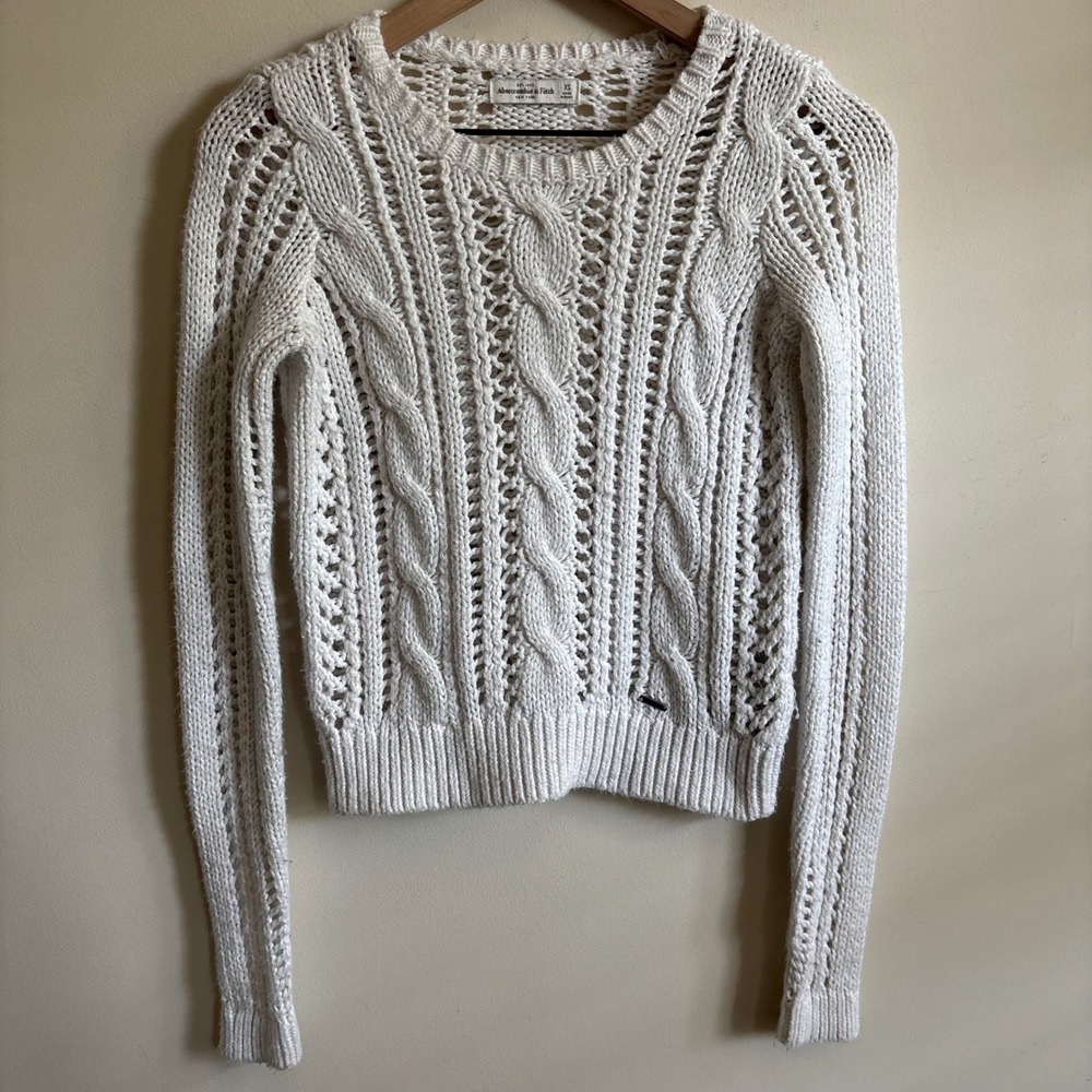 Abercrombie & Fitch Cream Cable Knit Pointelle Sweater XS White Crew Neck